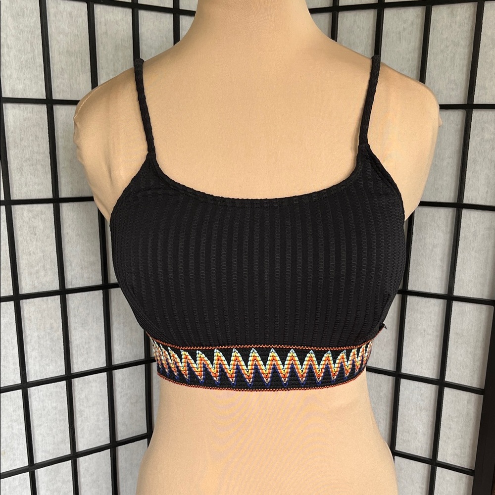 Black Ribbed Bikini Top with Multicolor Embroidered Band L